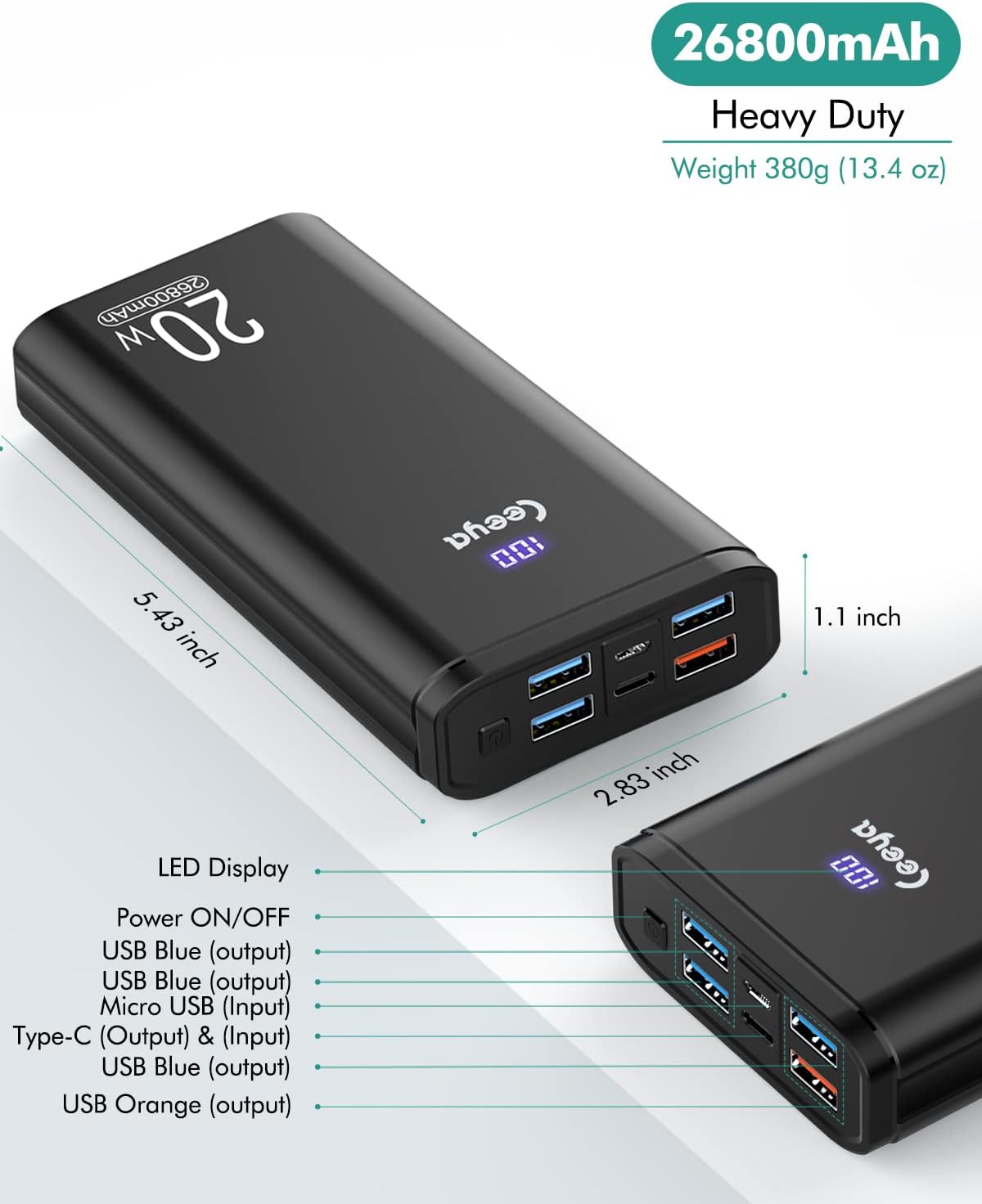 Ceeya Portable Charger PD 20W Battery Pack USB C high-Speed Charging 26800mAh Power Bank LCD Display with Type C Out in,External Battery Backup for MacBook,iPhone 12,13,14,Samsung,Heated Vest,etc Ceeya Portable Charger PD 20W Battery Pack USB C high-Speed Charging 26800mAh Power Bank LCD Display with Type C Out in,External Battery Backup for MacBook,iPhone 12,13,14,Samsung,Heated Vest,etc
