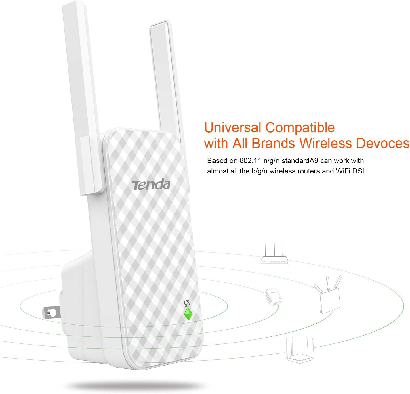 Tenda N300 WiFi Extender(A9), WiFi Extenders Signal Booster for Home, Single Band WiFi Range Extender, Internet Booster, Wall Plug Design, 2.4Ghz Only Tenda N300 WiFi Extender(A9), WiFi Extenders Signal Booster for Home, Single Band WiFi Range Extender, Internet Booster, Wall Plug Design, 2.4Ghz Only