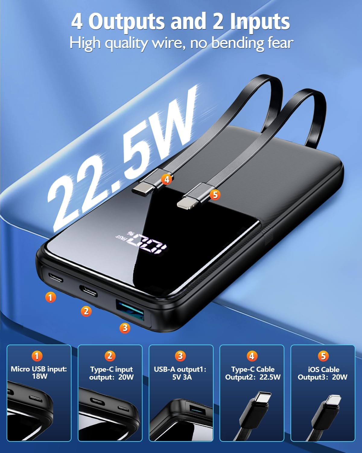 CFIAI Portable Charger Power Bank - 15000mAh Fast Charging Portable Phone Charger with Built in USB-C(22.5W) and iOS(20W) Output Cable, LED Display Battery Pack for iPhone Android Samsung etc(1 Pack) CFIAI Portable Charger Power Bank - 15000mAh Fast Charging Portable Phone Charger with Built in USB-C(22.5W) and iOS(20W) Output Cable, LED Display Battery Pack for iPhone Android Samsung etc(1 Pack)