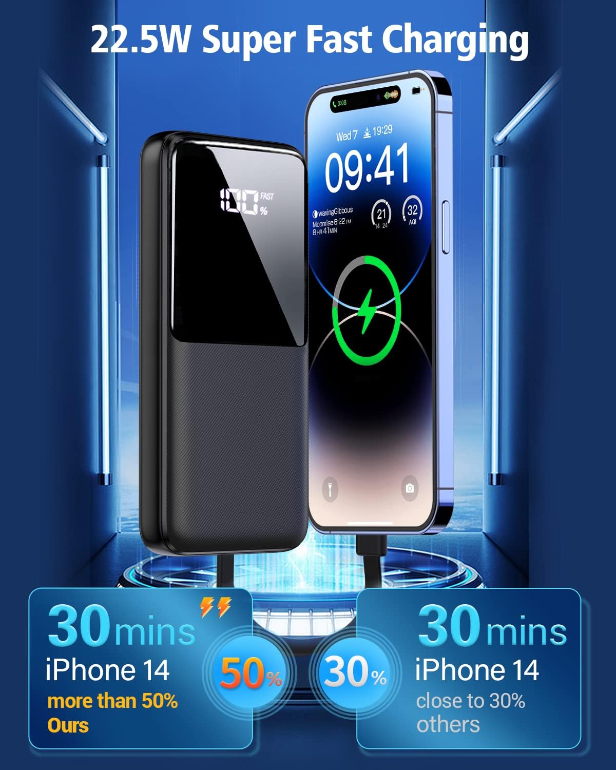 CFIAI Portable Charger Power Bank - 15000mAh Fast Charging Portable Phone Charger with Built in USB-C(22.5W) and iOS(20W) Output Cable, LED Display Battery Pack for iPhone Android Samsung etc(1 Pack) CFIAI Portable Charger Power Bank - 15000mAh Fast Charging Portable Phone Charger with Built in USB-C(22.5W) and iOS(20W) Output Cable, LED Display Battery Pack for iPhone Android Samsung etc(1 Pack)