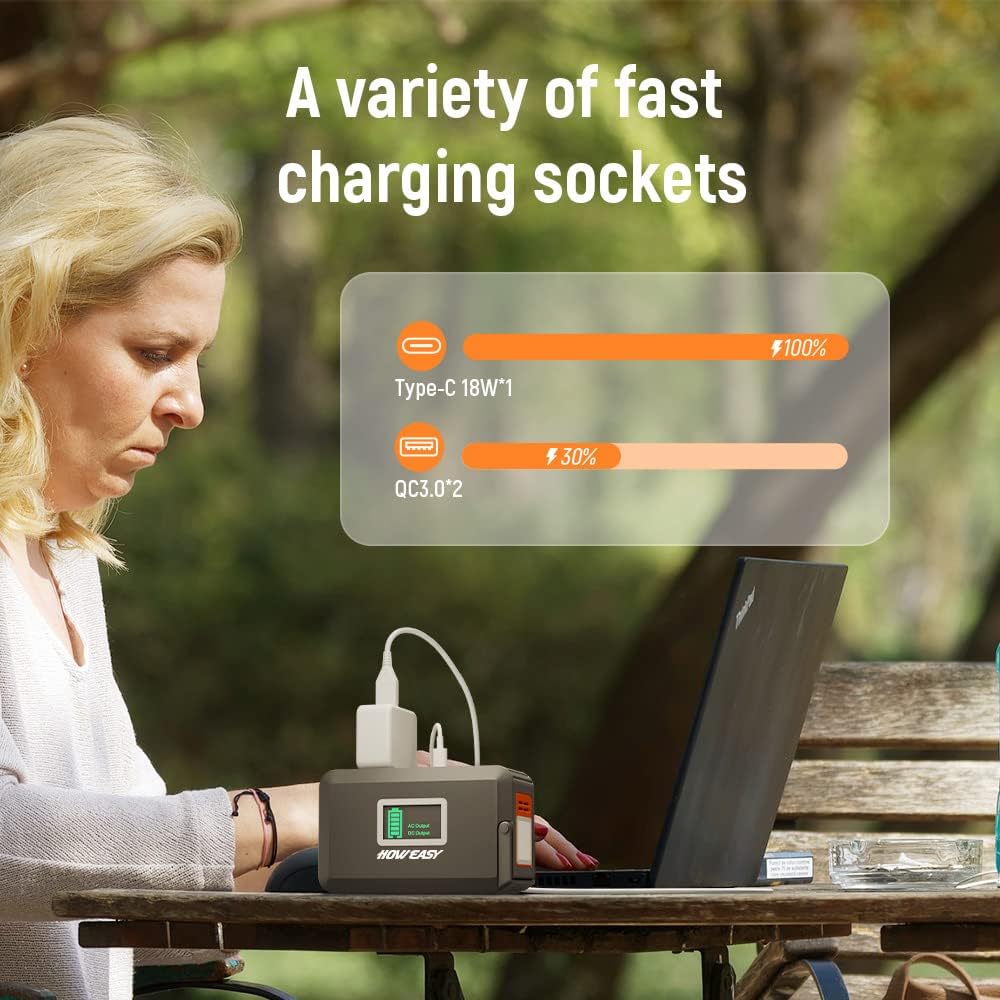 HOWEASY 120W Portable Power Bank, 88WH/24000mAh Portable Laptop Charger Battery Backup with 2 110V AC Socket/ 3 DC Ports/2 USB QC3.0/LED Light for CPAP Outdoor Camping Trip Hunting Emergency HOWEASY 120W Portable Power Bank, 88WH/24000mAh Portable Laptop Charger Battery Backup with 2 110V AC Socket/ 3 DC Ports/2 USB QC3.0/LED Light for CPAP Outdoor Camping Trip Hunting Emergency