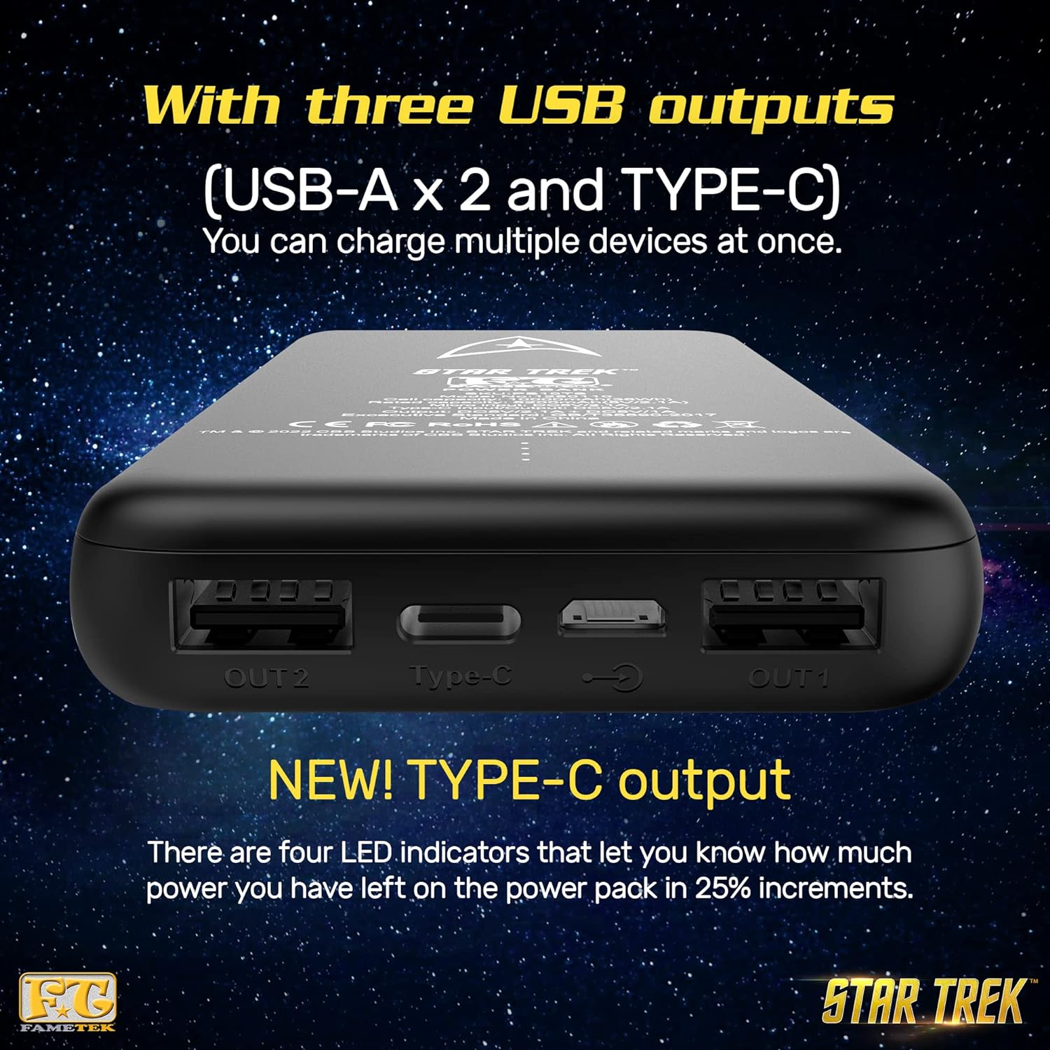 Star Trek Phone Charger | Slim Pocket Sized 10,000mAh Power Bank with Ships of the Line Design, 3 USB Outputs, 2.1A 1A, Charges 3 Devices, USB-A and Type-C Charging, Phone and Tablet Backup Battery Star Trek Phone Charger | Slim Pocket Sized 10,000mAh Power Bank with Ships of the Line Design, 3 USB Outputs, 2.1A 1A, Charges 3 Devices, USB-A and Type-C Charging, Phone and Tablet Backup Battery