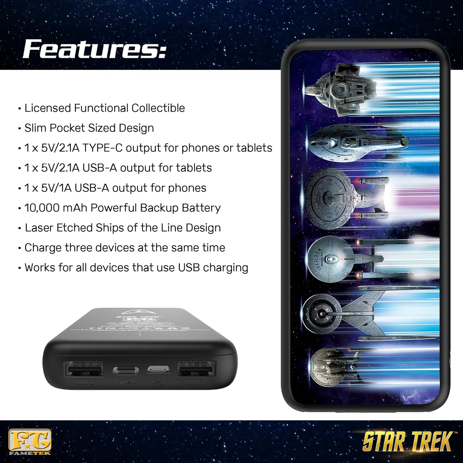 Star Trek Phone Charger | Slim Pocket Sized 10,000mAh Power Bank with Ships of the Line Design, 3 USB Outputs, 2.1A 1A, Charges 3 Devices, USB-A and Type-C Charging, Phone and Tablet Backup Battery Star Trek Phone Charger | Slim Pocket Sized 10,000mAh Power Bank with Ships of the Line Design, 3 USB Outputs, 2.1A 1A, Charges 3 Devices, USB-A and Type-C Charging, Phone and Tablet Backup Battery