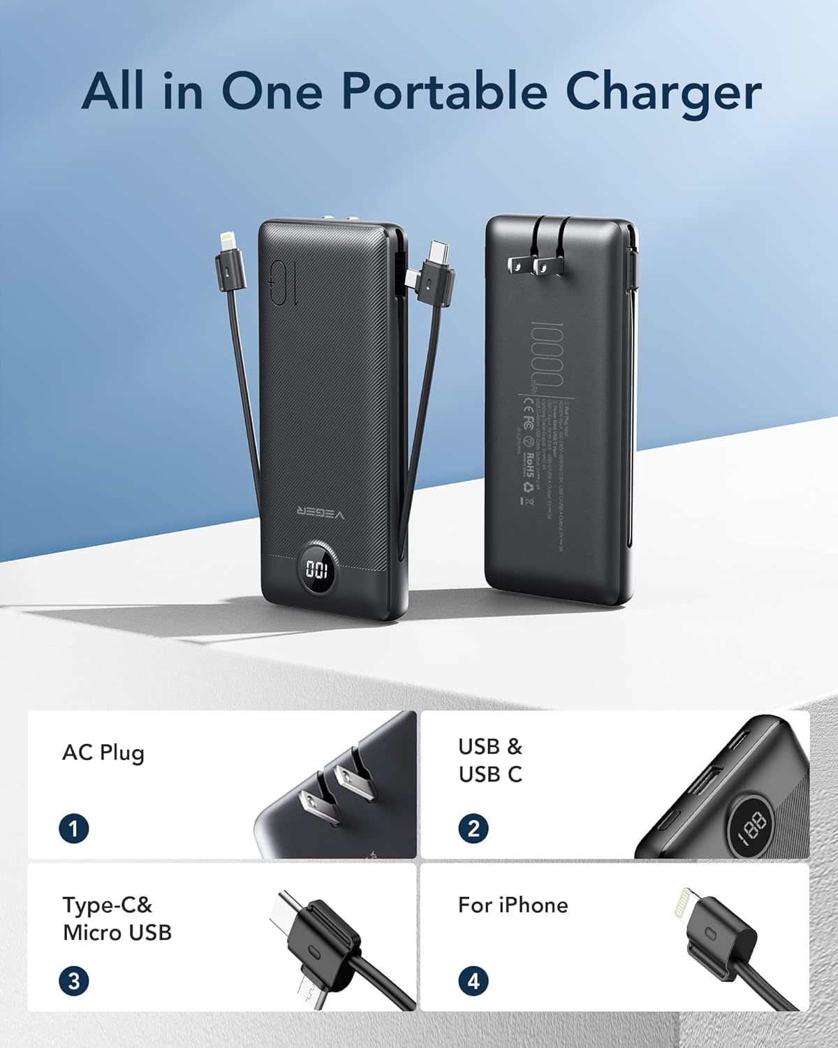 VEGER Portable Charger for iPhone Built in Cables Fast Charging USB C Slim 10000 Power Bank, Wall Plug USB Battery Pack for iPhones, iPad, Samsung More Phones Tablets (Black) VEGER Portable Charger for iPhone Built in Cables Fast Charging USB C Slim 10000 Power Bank, Wall Plug USB Battery Pack for iPhones, iPad, Samsung More Phones Tablets (Black)