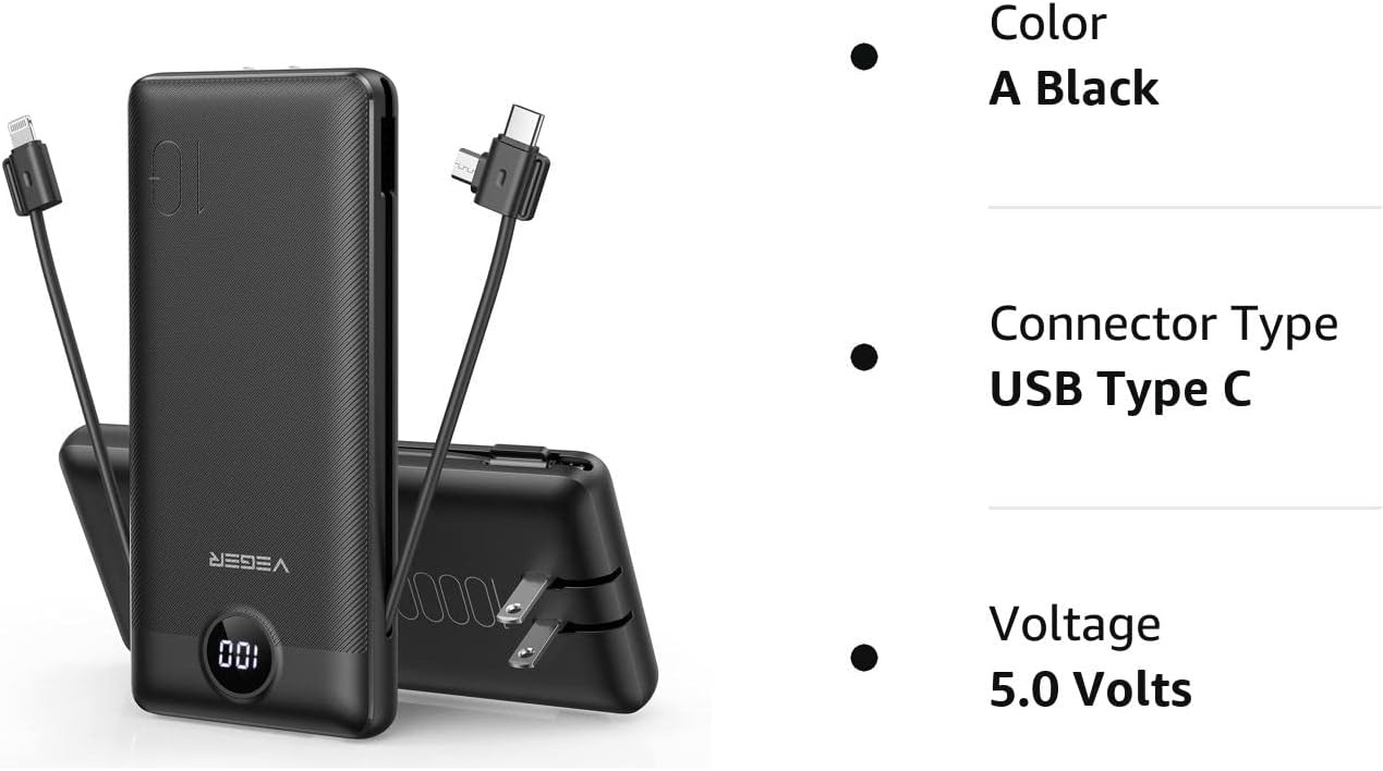 VEGER Portable Charger for iPhone Built in Cables Fast Charging USB C Slim 10000 Power Bank, Wall Plug USB Battery Pack for iPhones, iPad, Samsung More Phones Tablets (Black) VEGER Portable Charger for iPhone Built in Cables Fast Charging USB C Slim 10000 Power Bank, Wall Plug USB Battery Pack for iPhones, iPad, Samsung More Phones Tablets (Black)